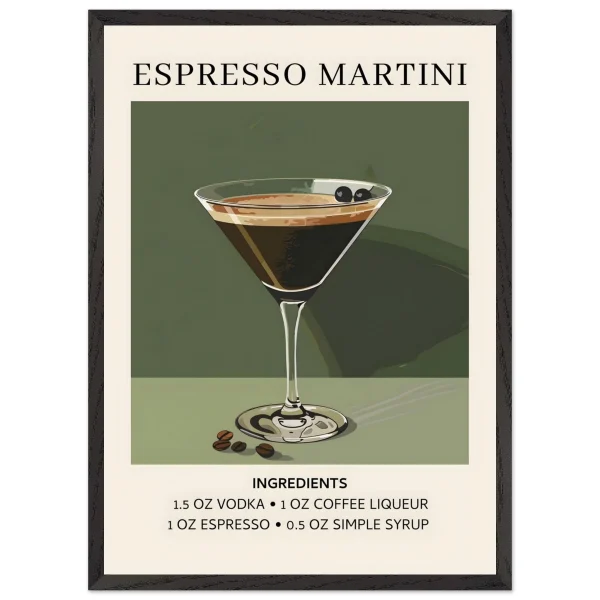 Artfulprints Poster met Lijst Espresso Martini cocktail - Ingrediënten - 50x70 cm - Donkergroen - 51Dnspod | Smaakvolle damp – Verzendkosten vrij vanaf 40€