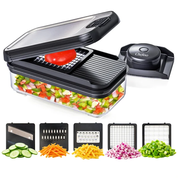 Chefino Trito - Groentesnijder Set met Opvangbak 750 ml – Mandoline Snijder – Groente Hakker – Uiensnijder – Blokjessnijder – Julienne Snijder – Groente Rasp – Keuken Mandoline met 5 RVS Mess