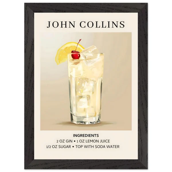 Artfulprints Poster met Lijst John Collins cocktail - Ingrediënten - A4 21x29.7 cm - Taupe - 51Dnspod | Smaakvolle damp – Verzendkosten vrij vanaf 40€